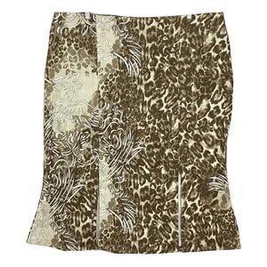 NWOT ERICA BROOKE Skirt 30 Brown Animal Slit-Front Flounce Stretch Cotton Zip